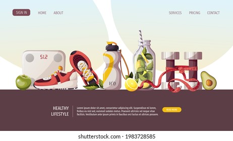 Estilo de vida saludable, comida natural, motivación, equipamiento deportivo, fitness, entrenamiento, ropa deportiva, tienda de artículos deportivos, concepto de entrenamiento. Ilustración vectorial para afiches, banner, sitio web, publicidad.