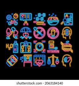 Healthy Lifestyle neon light sign vector. Glowing bright icon  Healthy Food Dish And Vitamin Pills, Sport And Walking, Non-alcohol And Non-smoking Illustrations