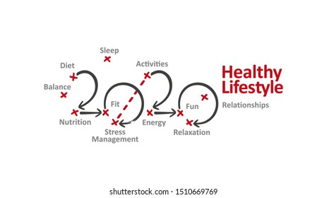 Healthy Lifestyle New Year 2020 Word Cloud Arrows Red Marks White Background Vector