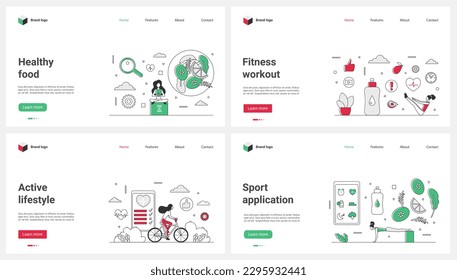 Healthy lifestyle and nutrition, fitness and yoga workout with mobile apps and wellness set vector illustration. Cartoon tiny active people eat vegetarian food and meditate, ride bike for body health
