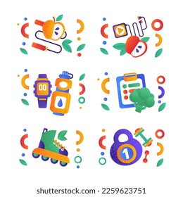 Healthy Lifestyle Object with Sport Equipment and Antioxidant Food Item Vector Set