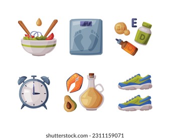 Healthy Lifestyle Objects with Food, Timer, Weight and Sneakers Vector Set