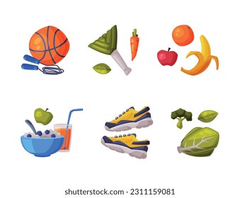 Healthy Lifestyle Objects with Fruit, Vegetables, Sneakers and Ball Vector Set