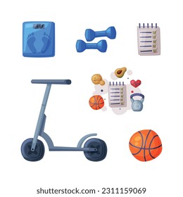 Healthy Lifestyle Objects with Sport Equipment Vector Set