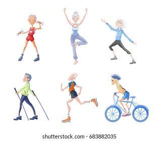 Healthy lifestyle in old age. Elderly people, men and women go in for sports, physical activity in the fresh air. Vector illustration, isolated on white background.