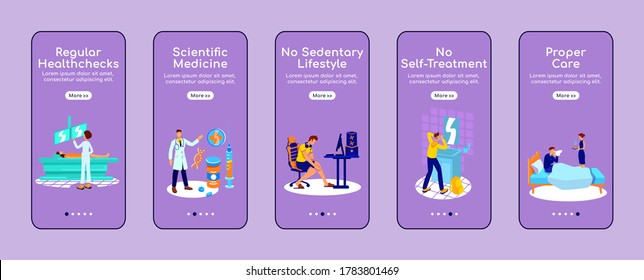 Healthy lifestyle onboarding mobile app screen flat vector template. Medical attention. Walkthrough website steps with characters. UX, UI, GUI smartphone cartoon interface, case prints set