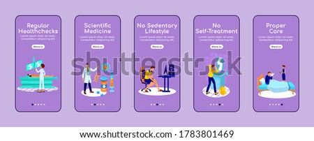 Healthy lifestyle onboarding mobile app screen flat vector template. Medical attention. Walkthrough website steps with characters. UX, UI, GUI smartphone cartoon interface, case prints set