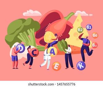 Healthy Lifestyle, Organic Food Choice. Vitamins in Products Infographic. Fruits, Vegetables, Cheese and Eggs as Source of Energy and Health. Vegetarian Diet Concept. Cartoon Flat Vector Illustration