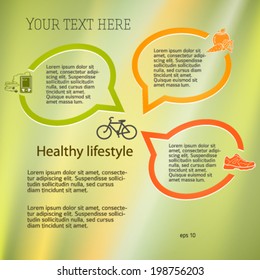 Healthy lifestyle & organic food icons. Modern infographic style  bubble speak chart  on glow bright background. Vector illustration eps 10 for cover page magazine or web banner 