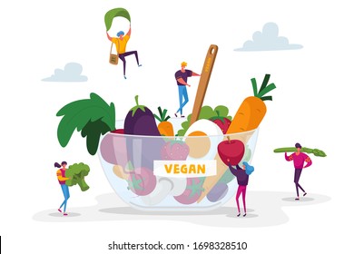 Estilo de vida sano, Elección de Comida Vegan orgánica. Pequeños personajes en el enorme bol con frutas, verduras y huevos. Fuente de energía y salud, concepto de dieta vegetariana. Ilustración de vectores de personas de caricaturas