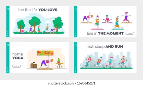 Healthy Lifestyle, Outdoor and Indoor Workout Training Landing Page Template Set. Young People Doing Yoga Exercises, Run Marathon and Stretching at Home and in City Park. Linear Vector Illustration