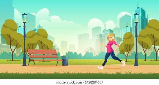 Healthy lifestyle, outdoor physical activity and fitness in modern metropolis cartoon vector concept with happy smiling young woman in headphones jogging, running on pathway in city park illustration