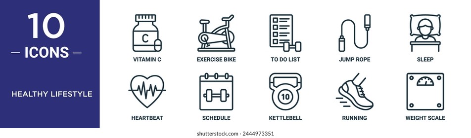 healthy lifestyle outline icon set includes thin line vitamin c, exercise bike, to do list, jump rope, sleep, heartbeat, schedule icons for report, presentation, diagram, web design