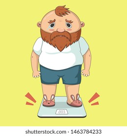 Healthy lifestyle and overweight. Funny cartoon illustration of fat man and proper diet. Sad beard fat guy cry standing on scale.  