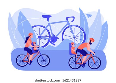 Healthy lifestyle, parents and children doing sport together. Cycling experiences, family bike walks, best bike trails, modern cycling gears concept. Pinkish coral bluevector isolated illustration