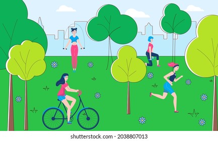 Healthy Lifestyle People Character Together Sport Outdoor Physical Activity, Public Park Fitness Flat Vector Illustration.