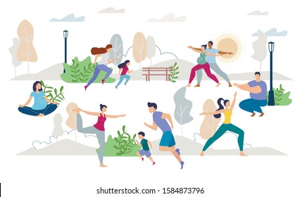 Healthy Lifestyle People Characters Vector Scene Flat Set. Man Woman, Children, Young Family, Pregnant Wife Husband, Lady Waiting for Childbirth Doing Yoga, Jogging, Training on Fresh Air Illustration