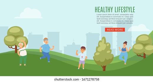 Healthy lifestyle people in city park doing sport exercises, yoga, jogging and walking cartoon vector illustration. Healthy lifestyle and sport outdoors.
