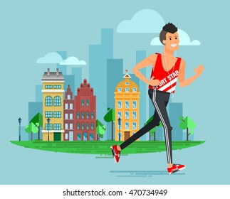 Healthy lifestyle people flat vector design, summer cityscape run fitness workout running man with urban city street background. Bright friendly smiling sport male character running
