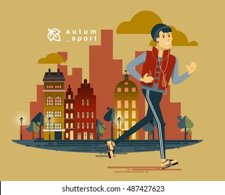 Healthy lifestyle people flat vector design, autumn cityscape run fitness workout running man with fall urban city street background. Bright friendly smiling sport male character running
