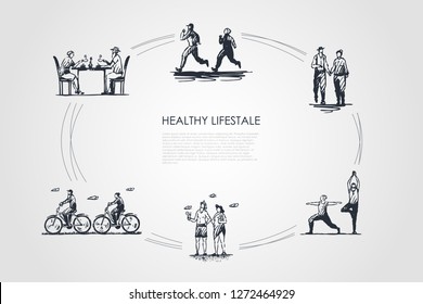 Healthy lifestyle - people jogging, walking, doing yoga, sunbathing, riding bicycles and drinking tea vector concept set. Hand drawn sketch isolated illustration