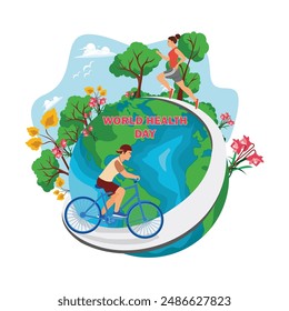 Healthy lifestyle. People run and cycle every day. World Health Day concept. Flat vector illustration.