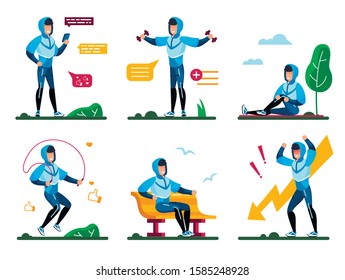 Healthy Lifestyle for Physical and Psychological Well-Being Trendy Flat Vector Concepts Set. Young Man Messaging with Cellphone, Doing Fitness Exercises Outdoor, Angry Because Problem Illustrations