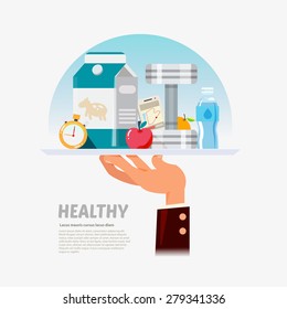 Healthy lifestyle in plate of hand, a healthy diet and daily routine. good food, fruit, sport, fitness concept. Healthy serve and service - vector illustration