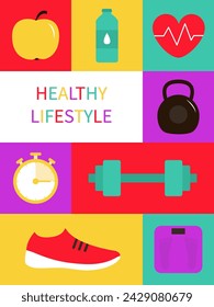 Healthy lifestyle poster card print. Groovy retro icon set in 60s, 70s hippie style. Apple, water bottle, kettlebell weight, stopwatch, dumbbells, sneakers, weights. Trendy colors background. Vector