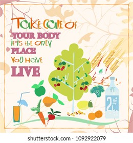 Healthy lifestyle. Poster. Vegetables, fruits, cereals, water. Take care of life, lead a healthy lifestyle.