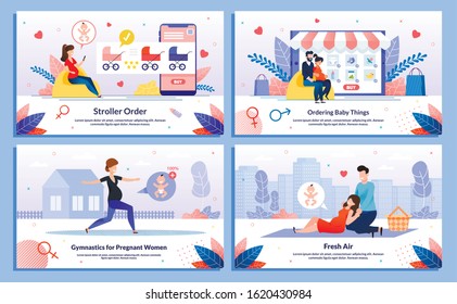 Healthy Lifestyle in Pregnancy, Pregnant Woman Shopping for Baby, Resting in Park Trendy Flat Vector Banner, Poster Set. Lady Buying Goods Online, Doing Exercises Outdoor, Going on Picnic Illustration