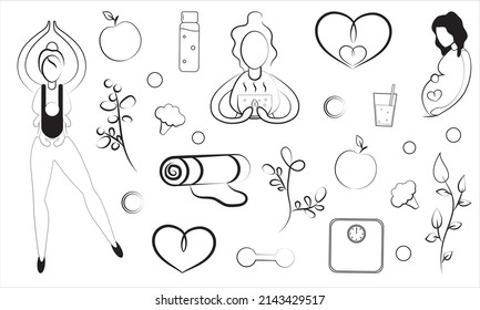 Healthy lifestyle, pregnancy, young mom. A set of simple vector illustrations.