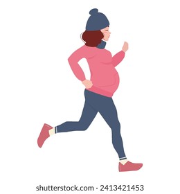 Healthy lifestyle. A pregnant girl goes in for sports, jogging. Ready-to-print postcard with a pregnant girl in winter clothes.