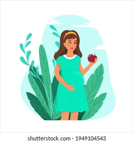 Healthy lifestyle of pregnant woman concept,
 happy pregnant woman holding an apple in her hand, expectant mother preparing for the birth of a child, vector flat style.