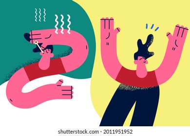 Healthy lifestyle and problems with health concept. Sad unhealthy sick ill man lying in bed having fever suffering from disease vs happy smiling healthy man enjoying life vector illustration
