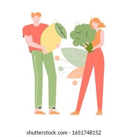 Healthy lifestyle and proper nutrition. Guy holds a giant lemon, girl holds broccoli. Vegetables, green life. Couple is standing nearby. Vector flat illustration.