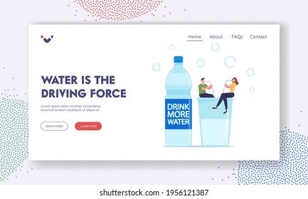 Healthy Lifestyle, Pure Aqua Refreshment Landing Page Template. Tiny Characters Sitting with Straws on Huge Glass with Fresh Water. People Drinking H2O for Hydration. Cartoon Vector Illustration