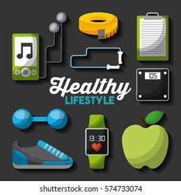 healthy lifestyle related icons over black background. colorful design. vector illustration