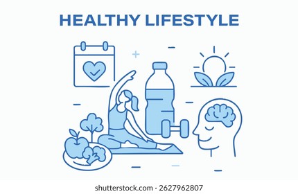 HEALTHY LIFESTYLE Related Line Style Banner Design for Web Page, Headline, Brochure, Annual Report and Book Cover stock illustration