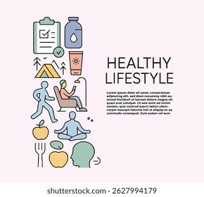 HEALTHY LIFESTYLE Related Line Style Banner Design for Web Page, Headline, Brochure, Annual Report and Book Cover - stock illustration
