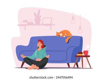 Healthy Lifestyle, Relaxation Emotional Balance. Tranquil Woman Meditating at Home. Female Character Sit in Lotus Posture with Hands on Knees on Floor near Sofa with Cat. Cartoon Vector Illustration