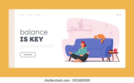 Healthy Lifestyle, Relaxation Emotional Balance Landing Page Template. Tranquil Woman Meditate at Home. Female Character Sit in Lotus Posture with Hands on Knees on Floor. Cartoon Vector Illustration
