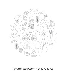 Healthy lifestyle round background. Outline icons pattern. Vector isolated illustration.