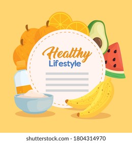healthy lifestyle, round frame with fruits and avocado vector illustration design