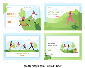 Healthy Lifestyle Running People Landing Page Template. Sports and Recreation Concept with Man and Woman Character Run in Park for Website or Web Page. Vector illustration