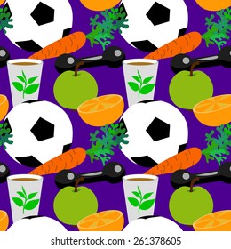 Healthy lifestyle seamless pattern with carrot, green tea, ball, apple and orange