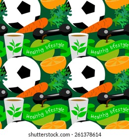 Healthy lifestyle seamless pattern with carrot, green tea, ball, apple and orange