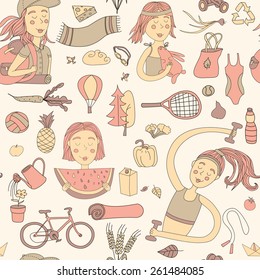 Healthy lifestyle. Seamless pattern with girls and objects. Pastel color.