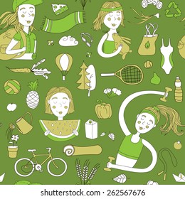 Healthy lifestyle. Seamless pattern with girls and objects. Green color.
