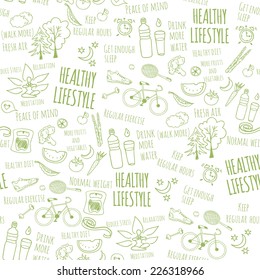 Healthy lifestyle seamless pattern on white background. Vector illustration 